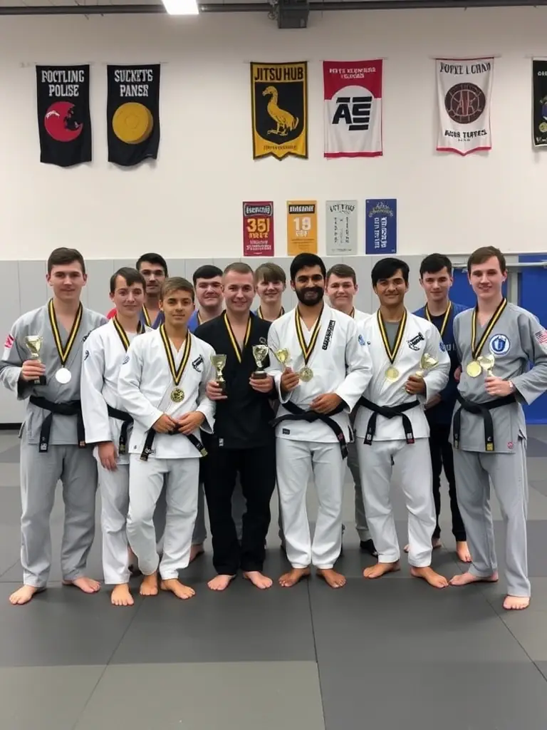 A CARBON BJJ team proudly posing with their medals and trophies after a successful Jiu-Jitsu tournament.