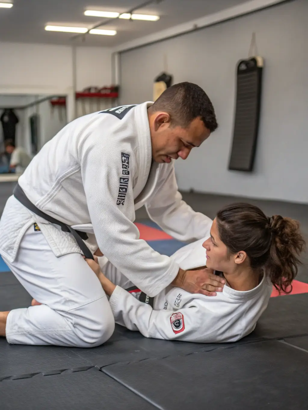 A CARBON BJJ instructor demonstrating a complex Jiu-Jitsu technique with clear precision to a focused student.